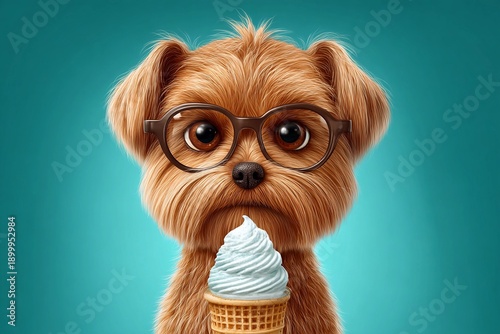 Dog holds ice cream in a fun setting with glasses