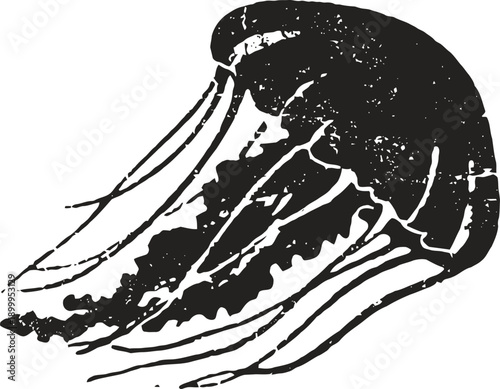Black silhouette of a jellyfish with long tentacles and textured bell shape