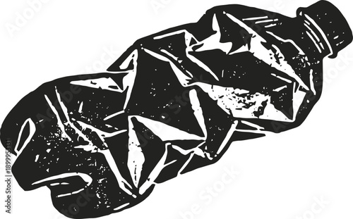 Crushed plastic bottle illustration in black and white, environmental pollution and waste symbol