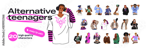 Diverse teens with different styles set. Teenagers in alternative outfits. Modern youth. Girls and boys in various trendy clothes. Fashion young men, women. Flat isolated vector illustrations on white