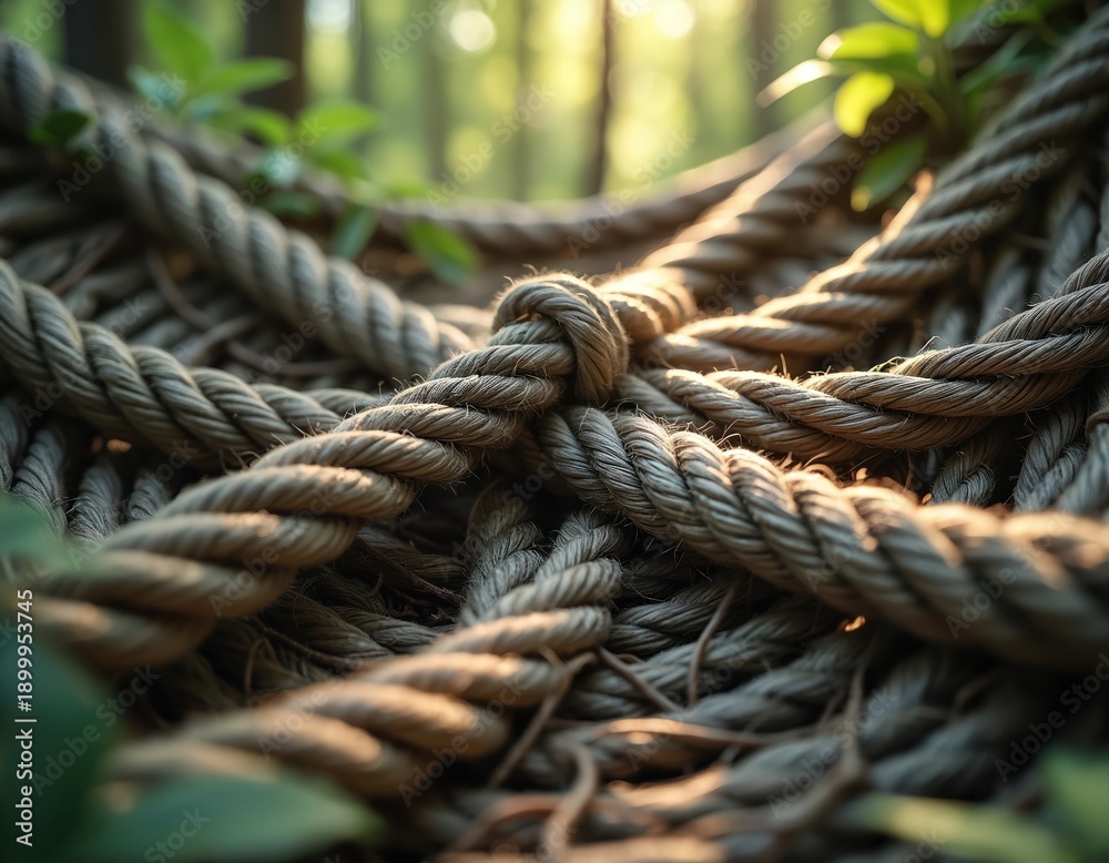 Fototapeta premium Thick natural fiber rope is knotted and piled in a forest setting. Sunlight filters through green leaves onto the rough texture. Calm nature scene.