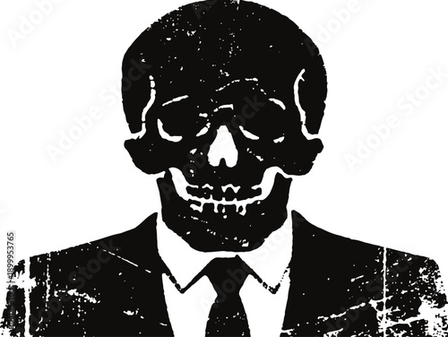 Grunge black skull man wearing formal suit and tie silhouette illustration