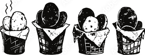 Vintage hand drawn baskets filled with potatoes, rustic farm food illustration