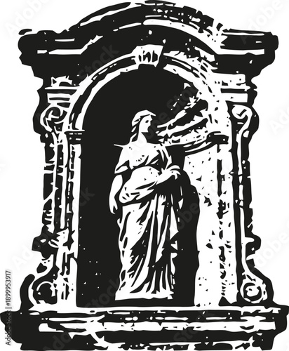 Renaissance sculpture of a robed figure in an ornate stone niche window frame