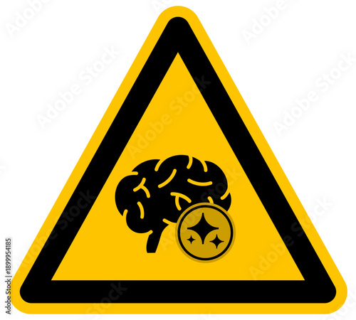 Ilustración de cerebro humano con chispas de inteligencia artificial en señal triangular vector de concepto mental