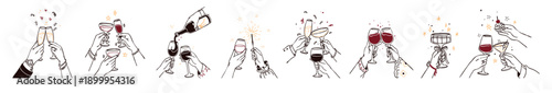 Doodle set of hands holding glasses of cocktails. People cheer, celebrate holidays with alcohol. Toasts with wineglasses at party. Flat isolated hand drawn outline vector illustrations on white.