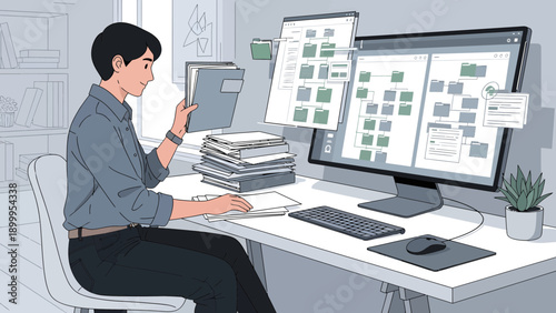 Person working on computer with documents and files.