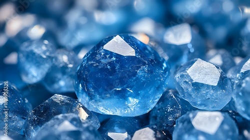 Blue crystal gemstones with faceted cuts creating brilliant reflections and sparkles on glossy surface for jewelry and luxury design projects.