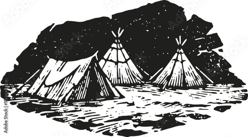 Traditional native american teepees illustration in black and white with tents outdoors