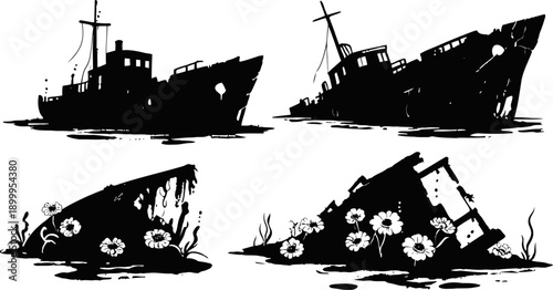 Silhouettes of sunken shipwrecks with marine plants underwater and tilted ship hulls