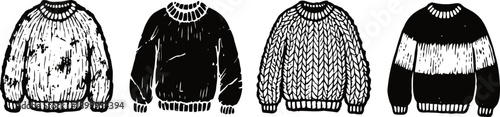 hand drawn cozy sweaters set in black and white with various knit patterns and styles