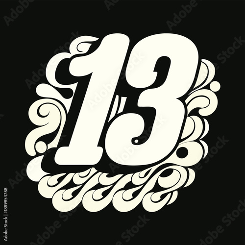 Retro 70s Swirl Typography Number 13 T-shirt Design Sticker