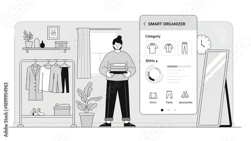 Woman organizing clothes with a smart organizer app on a large smartphone.
