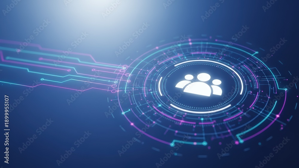 Naklejka premium Abstract blue interface featuring a team icon and circuit lines to connect users in a digital connection.