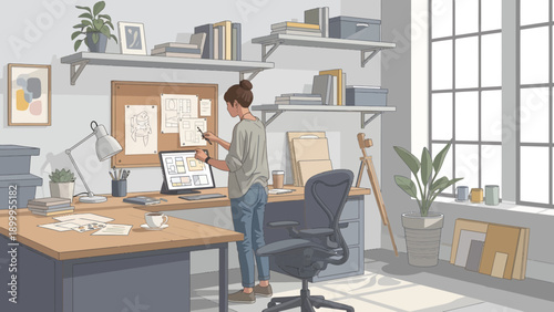 Woman working in a creative studio focused on design tasks.