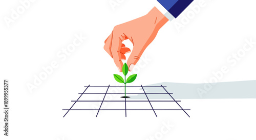 Hand Planting Seedling on Grid: Business Growth Strategy, Investment Planning, and Foundation Startup Concept