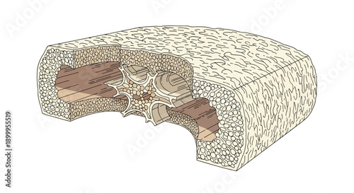 Detailed Anatomical Cross Section of Bone Structure: Compact and Spongy Tissue Diagram