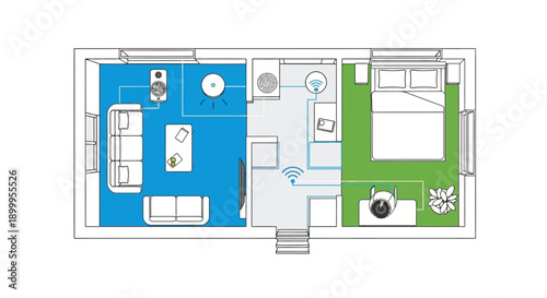 Smart Home Floor Plan Diagram with Connected Devices. Residential Internet of Things (IoT) Network Layout and Home Automation Blueprint.