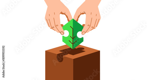 Hands placing Green Leaf Puzzle Piece into Soil. Eco Solution, Planting, Sustainability, and Environmental Connection Concept Illustration.