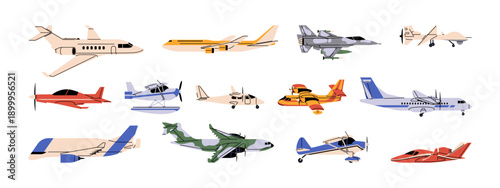 Different types of aircraft set. Passenger, cargo, military, supersonic, and crop duster planes. Various airplanes and aeroplanes. Air transport. Aviation. Flat isolated vector illustrations on white.