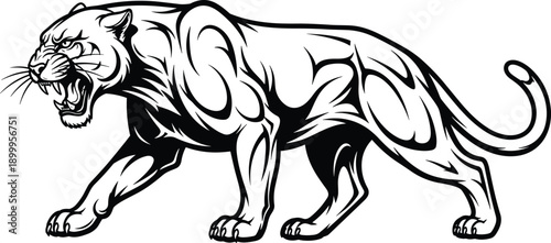 Snarling big cat silhouette illustration with sharp teeth, prowling stance, black and white artwork, strength, aggression, power, and courage