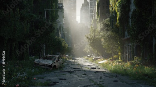 Overgrown urban ruins with sunlit street and abandoned cars