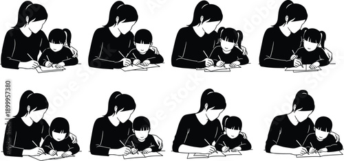 Woman teaching child learning silhouette illustration collection featuring writing, drawing, guidance, and education themes for parenting, childhood, school, study, and design projects