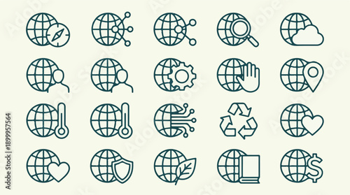 Collection of Global Line Icons: Technology, Business, and Environmental Concepts