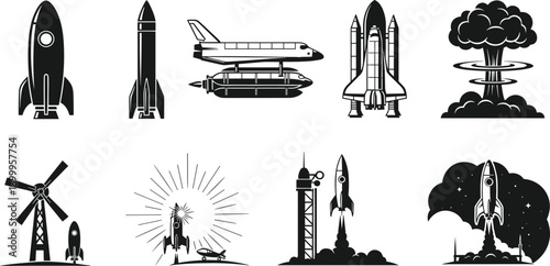 Rocket and space exploration silhouette icons set with launch spacecraft science technology vector illustration design