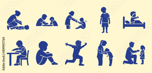 Children Lifestyle Silhouette Icons: Play, Learning, Sleep, Support, Diverse Activities Vector Illustration