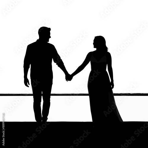 Silhouetted couple holding hands in romantic gesture