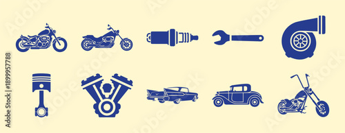 Vintage Motorcycle, Car Parts, Engine, Turbo & Tools Flat Design Vector Icons Set