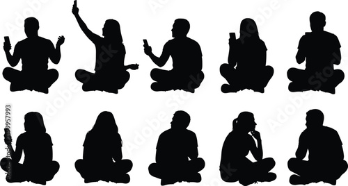 People silhouette set sitting cross legged using smartphones, mobile addiction, social media lifestyle illustration vector