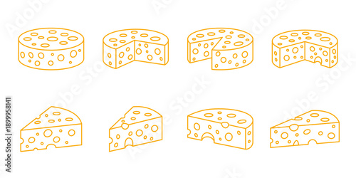 Cheese Icons Set in Outline Style with Sliced and Whole Shapes