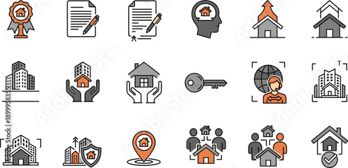 Real Estate and Property Security Icon Set with House, Building, Documents, Keys, Ownership, Protection, and Management Symbols for Housing and Business Design