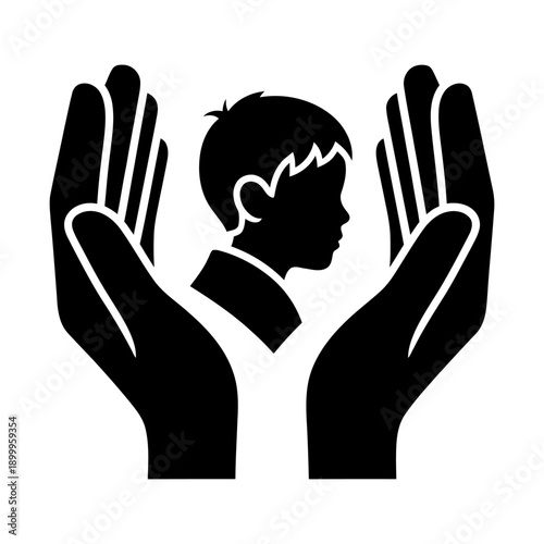 Child Silhouette Protected by Large Hands Icon Representing Safety, Nurturing Care, and Family Support for Adoption, Social Work, and Child Welfare Concepts in Minimalist Black and White.