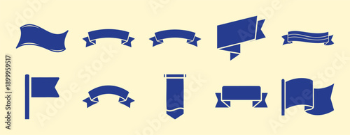 Collection of Blue Ribbons and Flags Icons, Flat Design Vector Illustration for Graphics and Design