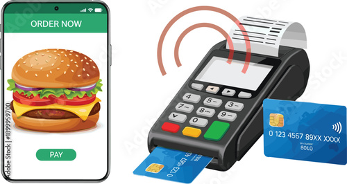 Mobile food ordering and contactless payment illustration, smartphone burger order, credit card POS transaction concept
