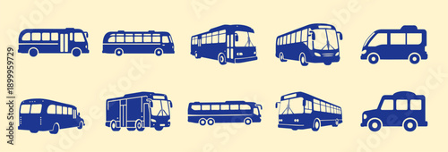 Collection of Blue Bus Silhouettes on Beige Background, Flat Design Vector Illustration