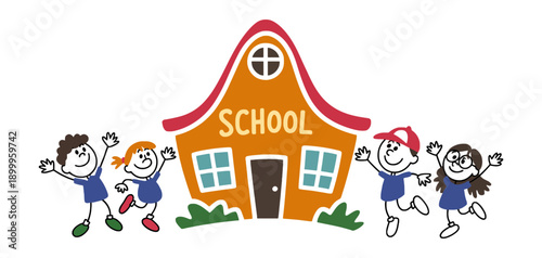 A colorful illustration of happy children running around a school building