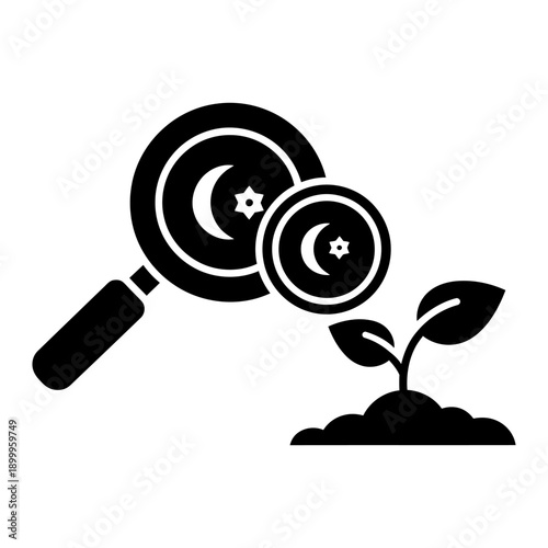Islamic finance icon with magnifying glass analyzing plant growth and crescent star coins for halal investment and sharia compliant business concepts