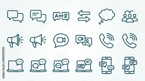 Communication and Social Media Line Icons Set: Chat, Call, Translate & Announce