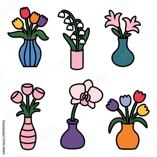 A colorful vector illustration of six flower vases with various blooms