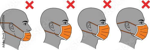 Incorrect face mask wearing examples showing mistakes, improper fit, health safety guidance illustration vector design