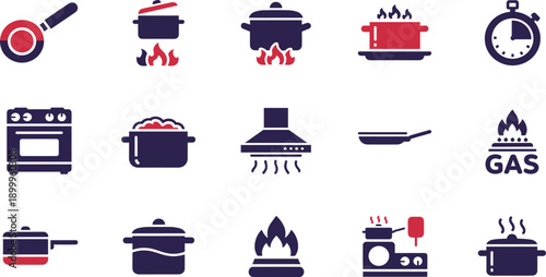 Cooking and Kitchen Appliance Icon Set with Pots, Pans, Stove, Gas, Timer, and Food Preparation Symbols for Recipes and Culinary Design