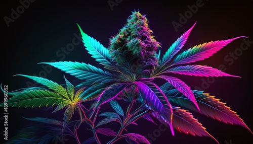 purple green marijuana plant on black background colored neon large leaves and buds of cannabis hemp hemp bush and empty space for text