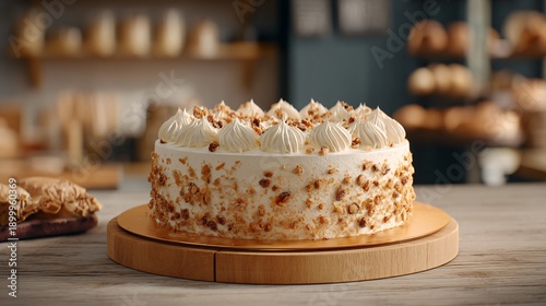 Wallpaper Mural Italian cream cake presented on wooden cake board, bakery counter environment, professional baking vibe Torontodigital.ca