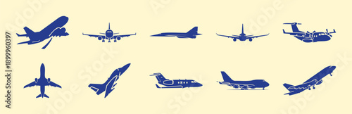 Collection of Blue Airplane Silhouettes in Various Poses, Flat Design Vector Illustration