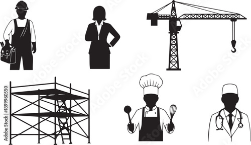 Occupational worker profile collection including chef and doctor vector silhouettes art