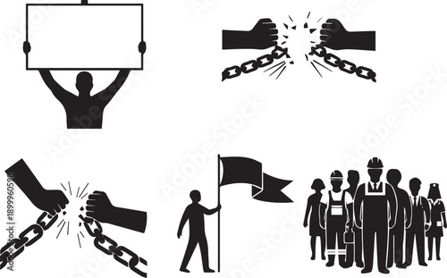 Protester holding sign and broken chain vector silhouettes depicting freedom illustration